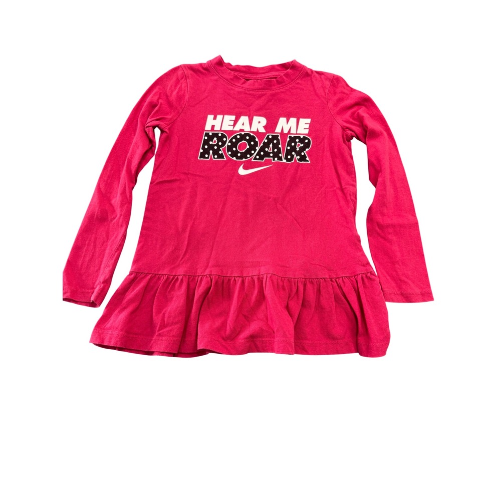 Nike Hear Me Roar Graphic Peplum Top Girls Size 4 XS Pink Long Sleeve T-Shirt